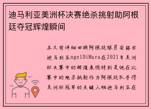 迪马利亚美洲杯决赛绝杀挑射助阿根廷夺冠辉煌瞬间
