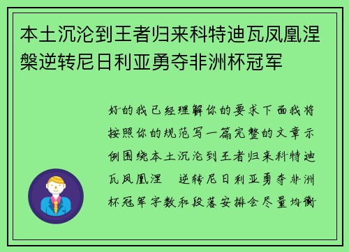 本土沉沦到王者归来科特迪瓦凤凰涅槃逆转尼日利亚勇夺非洲杯冠军